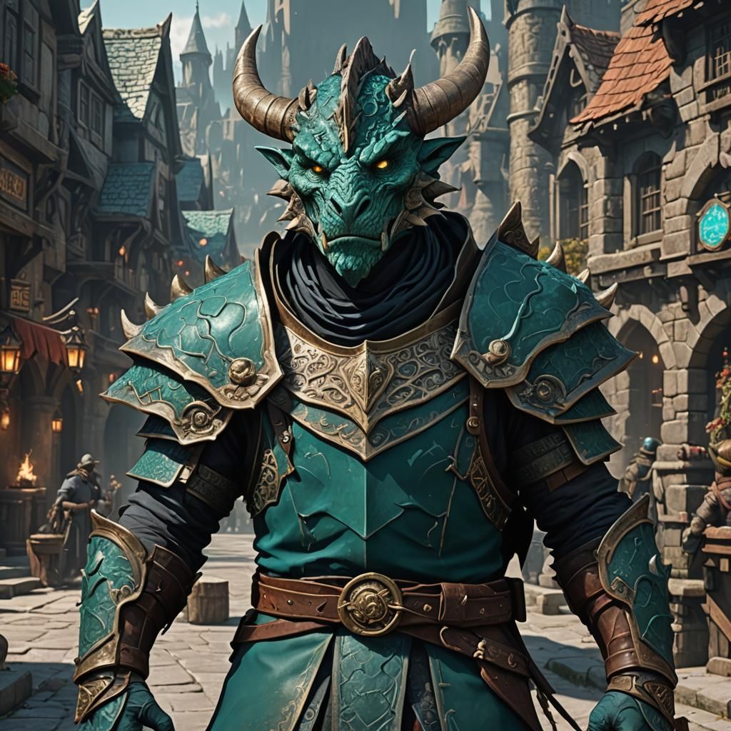 Teal Dragonborn Mayor in Detailed Fantasy Art