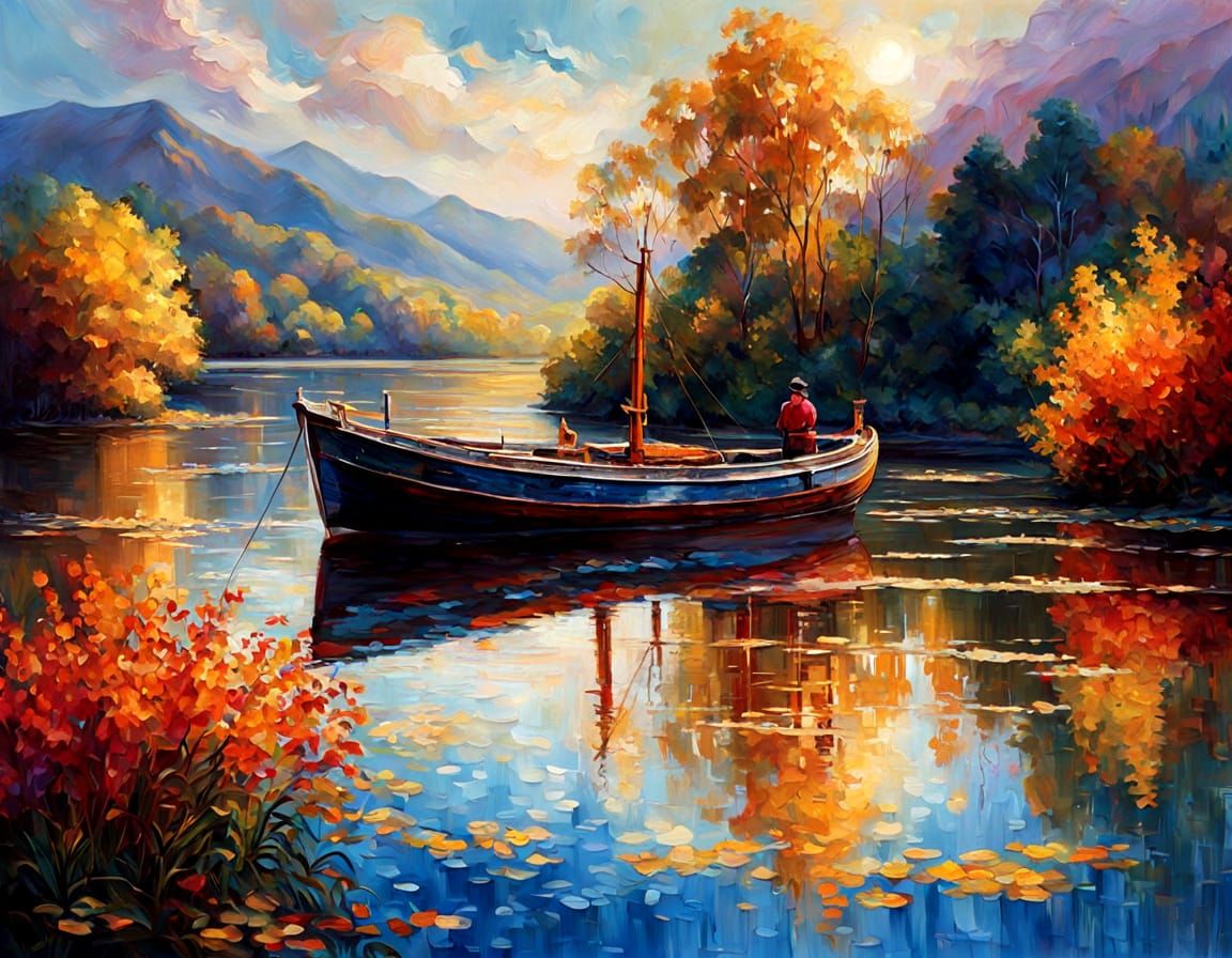 Serene Ship on Reflective Water in Vivid Painterly Style
