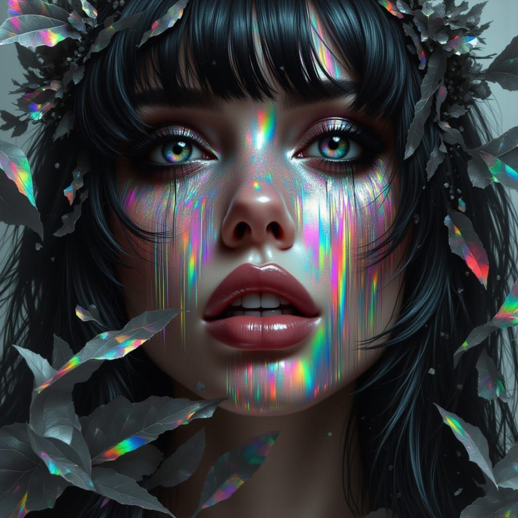 glitter foil portrait of a gothic woman crying rainbow, glitter