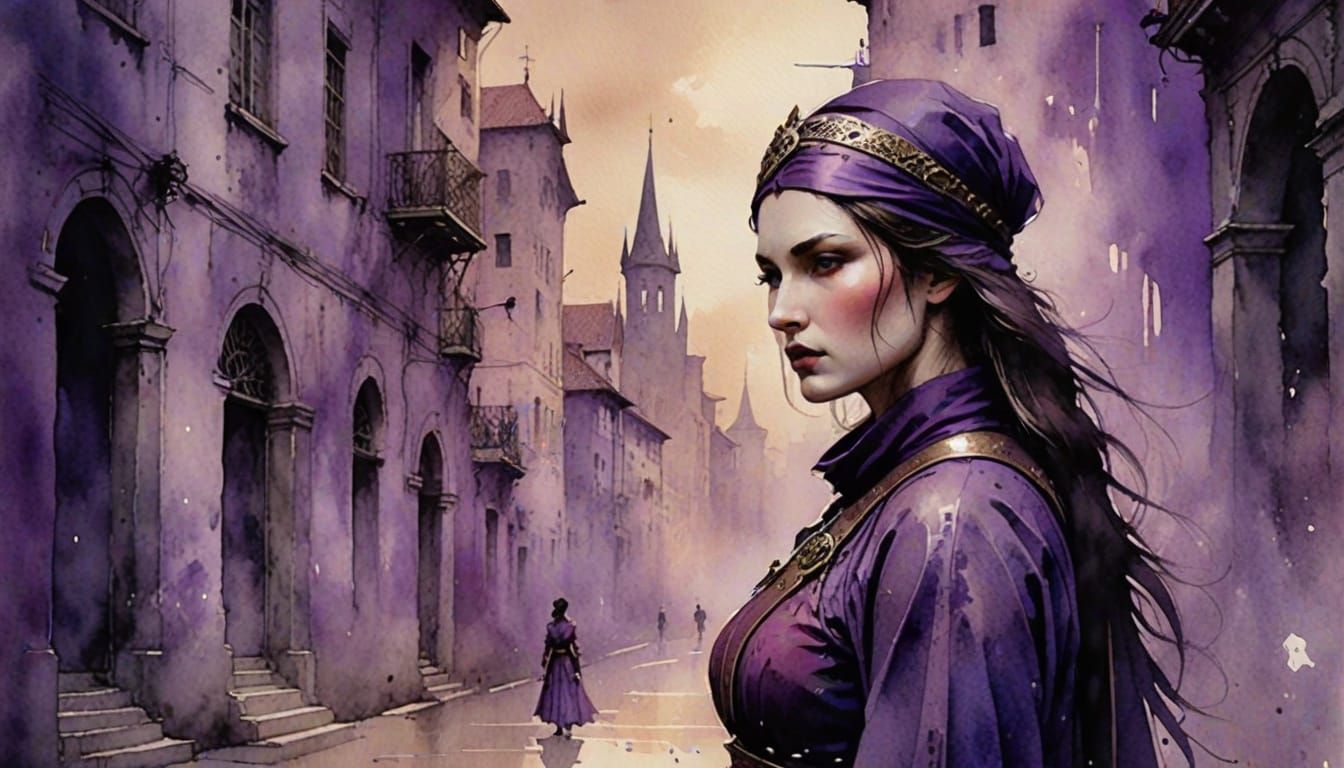 Female Warrior in City, Antique Watercolor Portrait