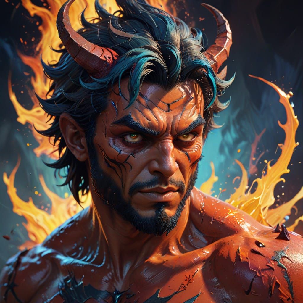 Hyperrealistic Portrait of a Male Demon in a Dramatic Settin...