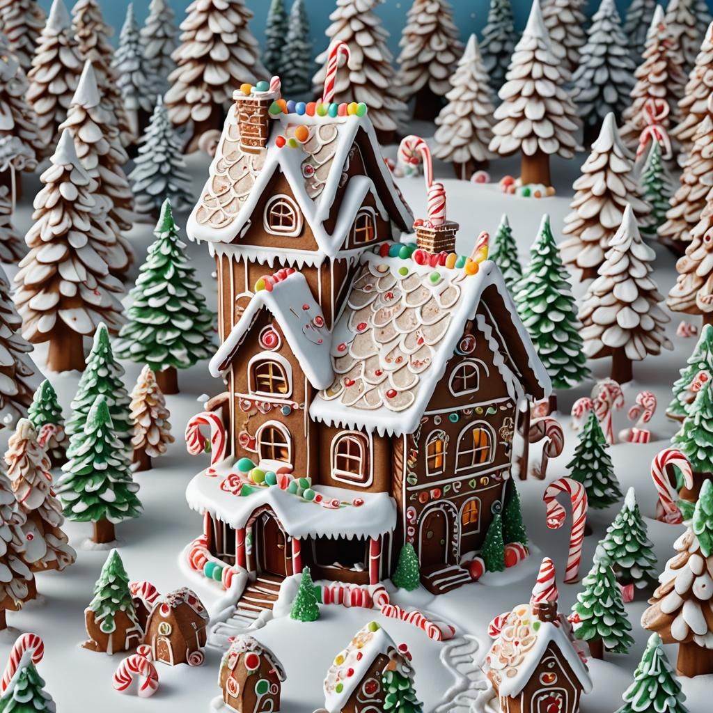A fantastically detailed gingerbread house in a snowy winter...