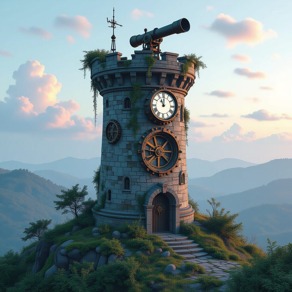 Isometric Round Tower on Hill in Retro Sci-Fi Style