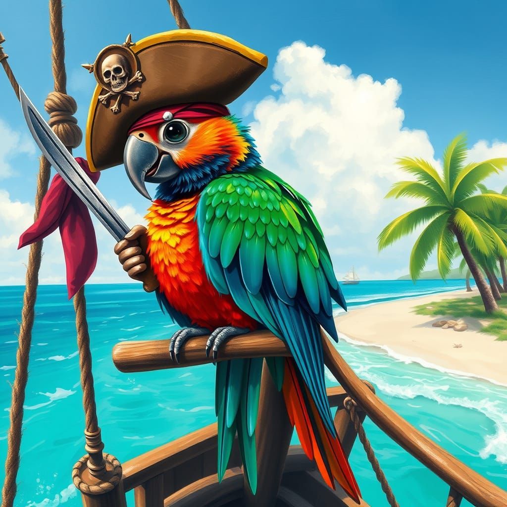 Pirate Parrot Commands Ship in Painterly Style