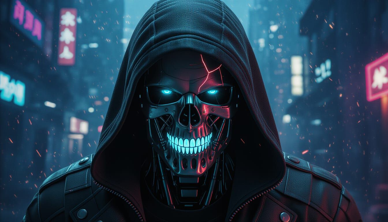 Cyberpunk Character with Neon Eyes and Skeleton Mask