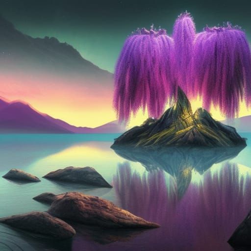 Glowing Purple Willow in Lake at Sunset