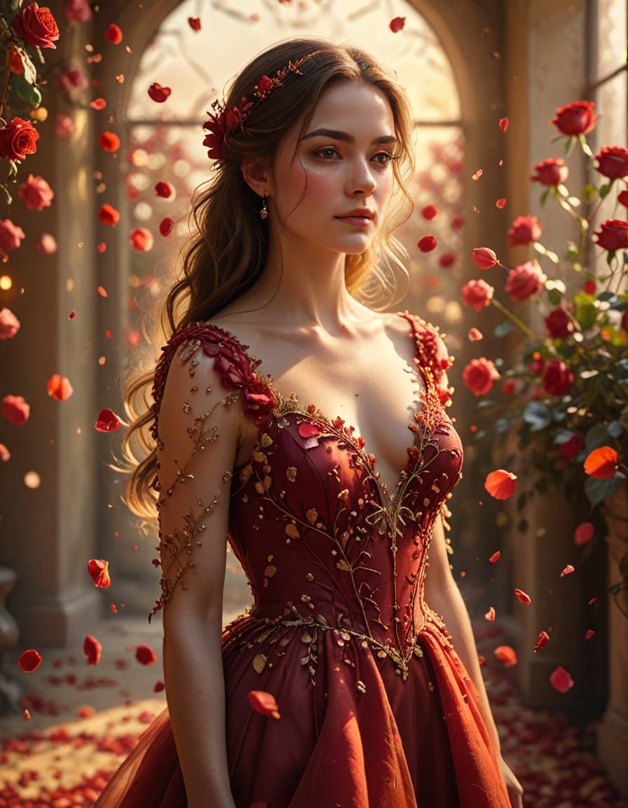 Elegant Woman in Red Gown Amidst Falling Rose Petals