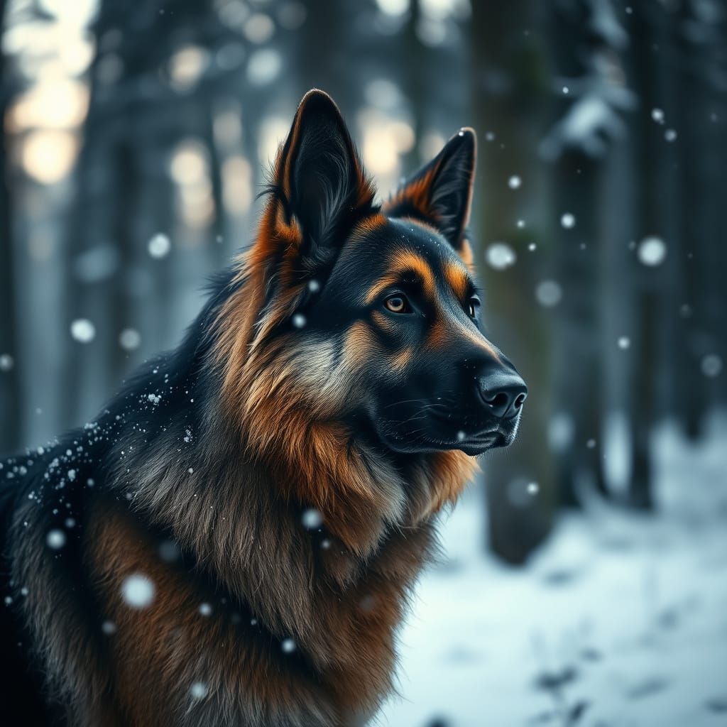 Loyal German Shepherd Stands Guard in Snowy Forest with Cine...