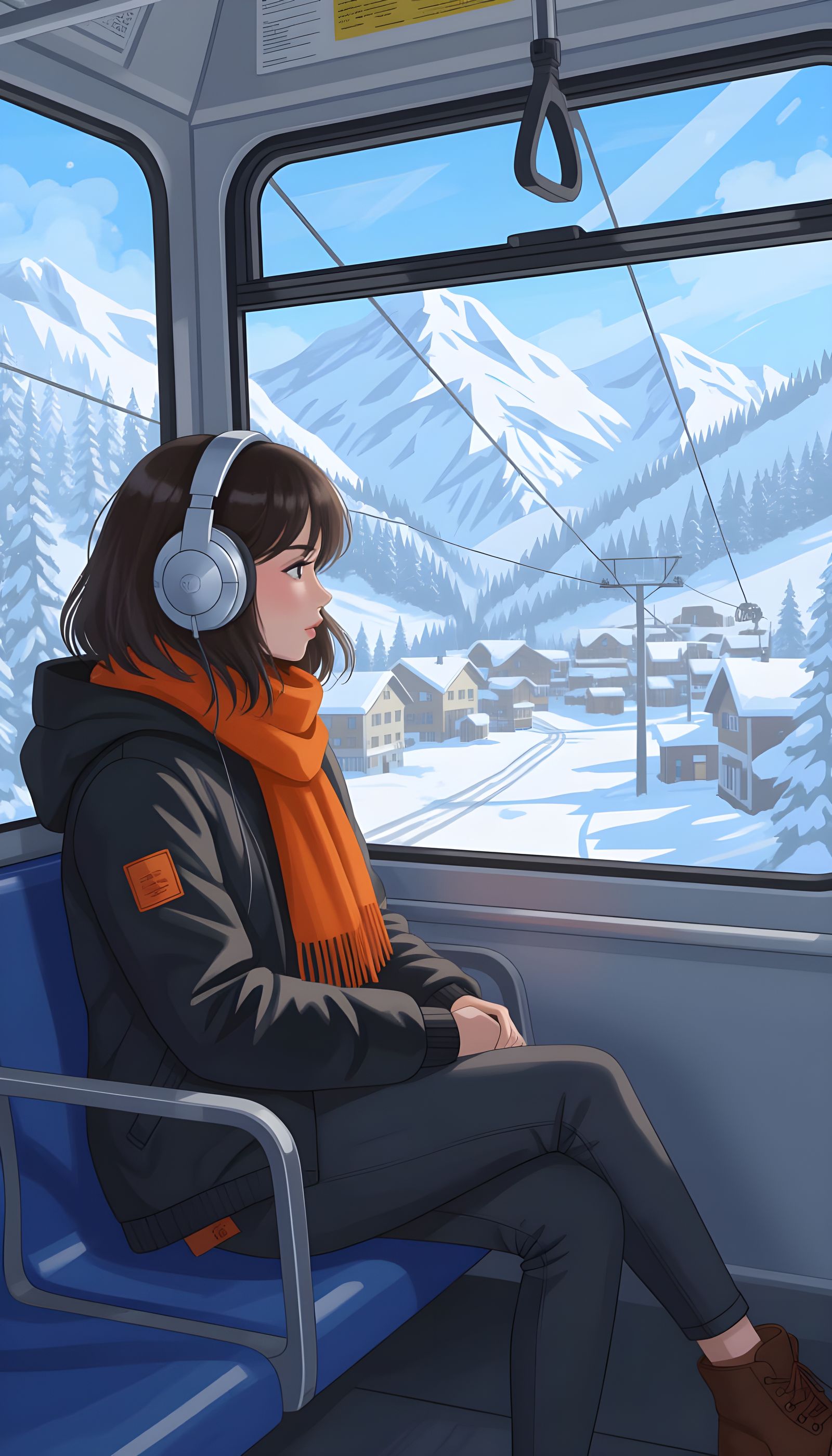 Woman in Cable Car Gazing at Snowy Mountains