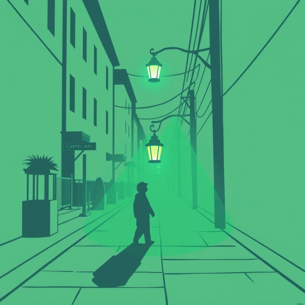 Green Lantern Walks Street in Minimalist Green and White Art