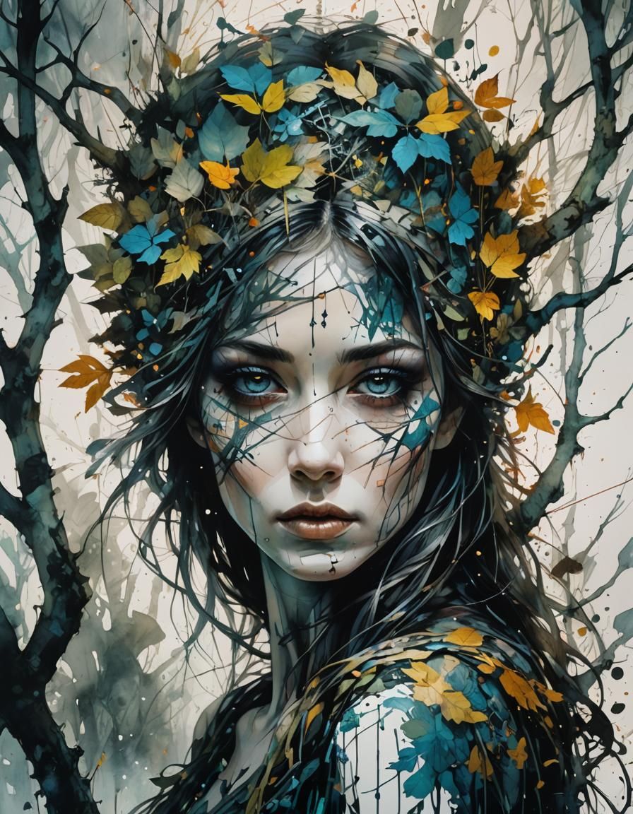 Silhouette Forest Woman with Geometric Patterns