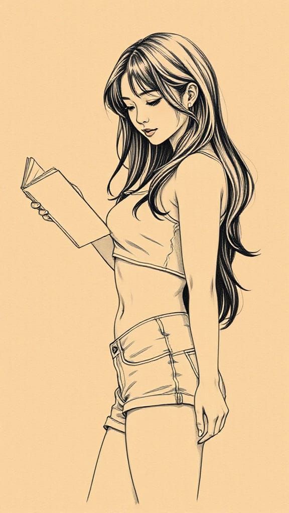 Pencil Sketch of a Korean Woman Reading