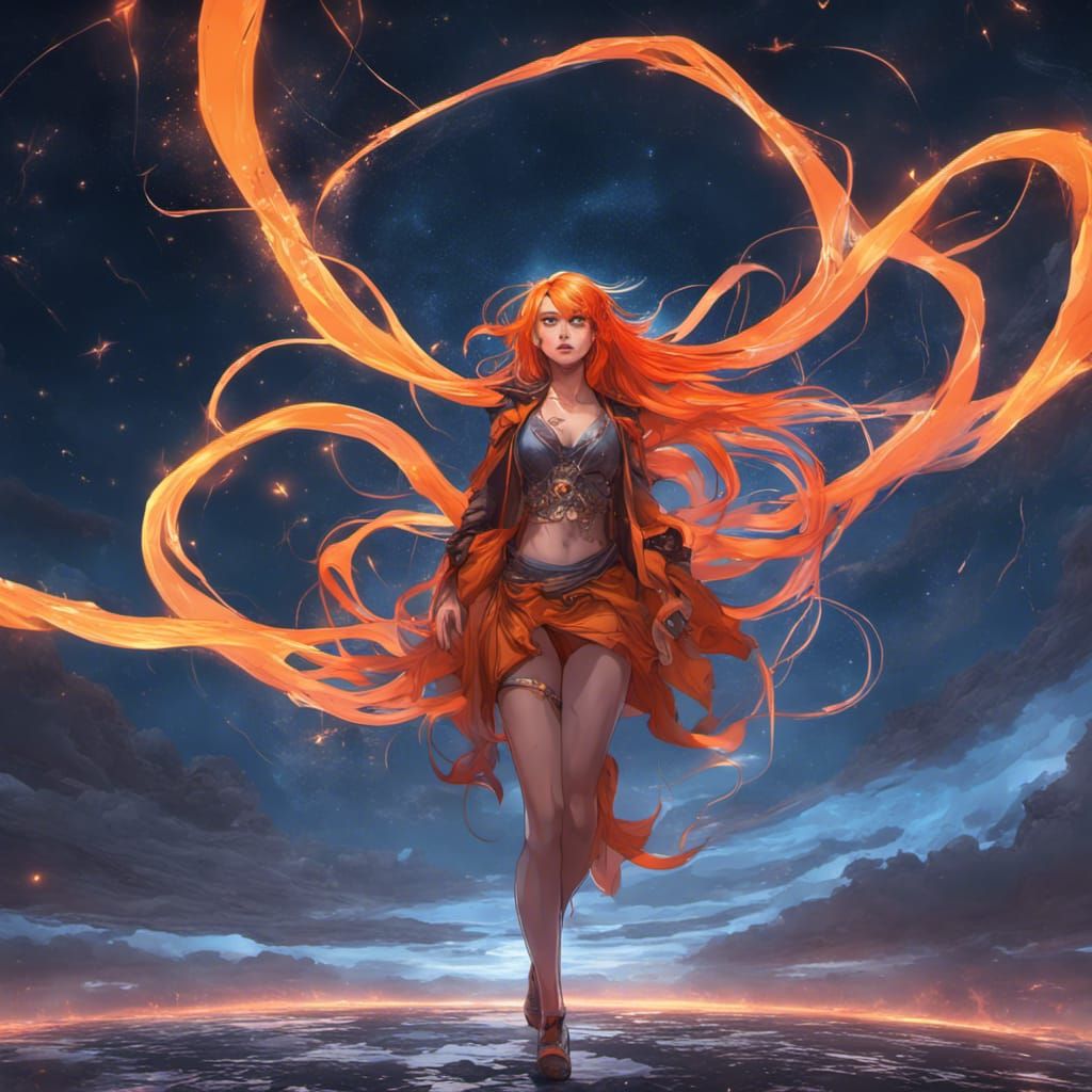 Anime Woman with Neon Hair in Galaxy Storm