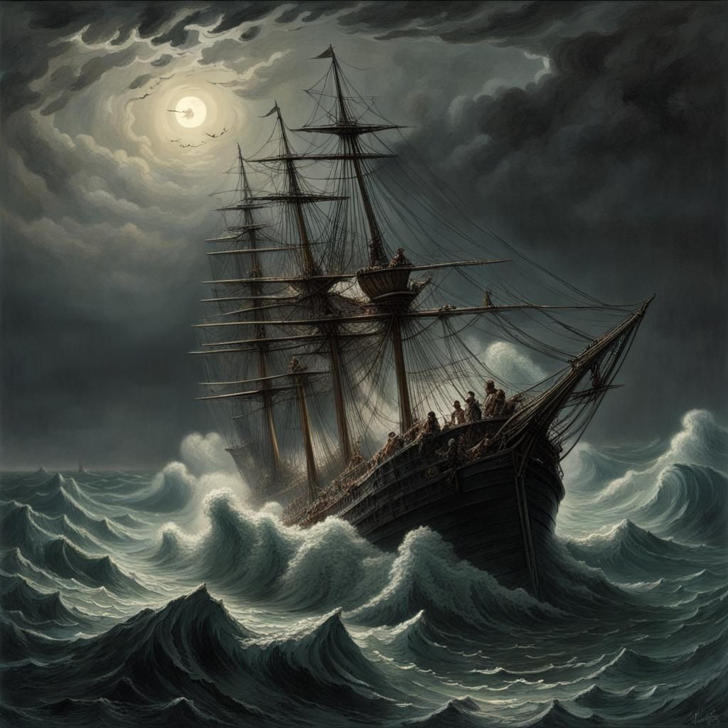 Ship in Stormy Mediterranean Sea: Dramatic Moonlight