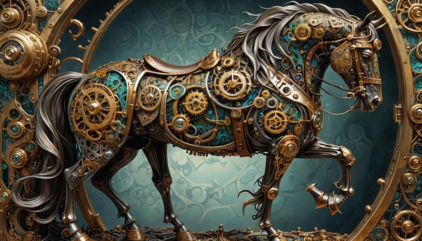 Steampunk Horse with Visible Internals as Oil Painting