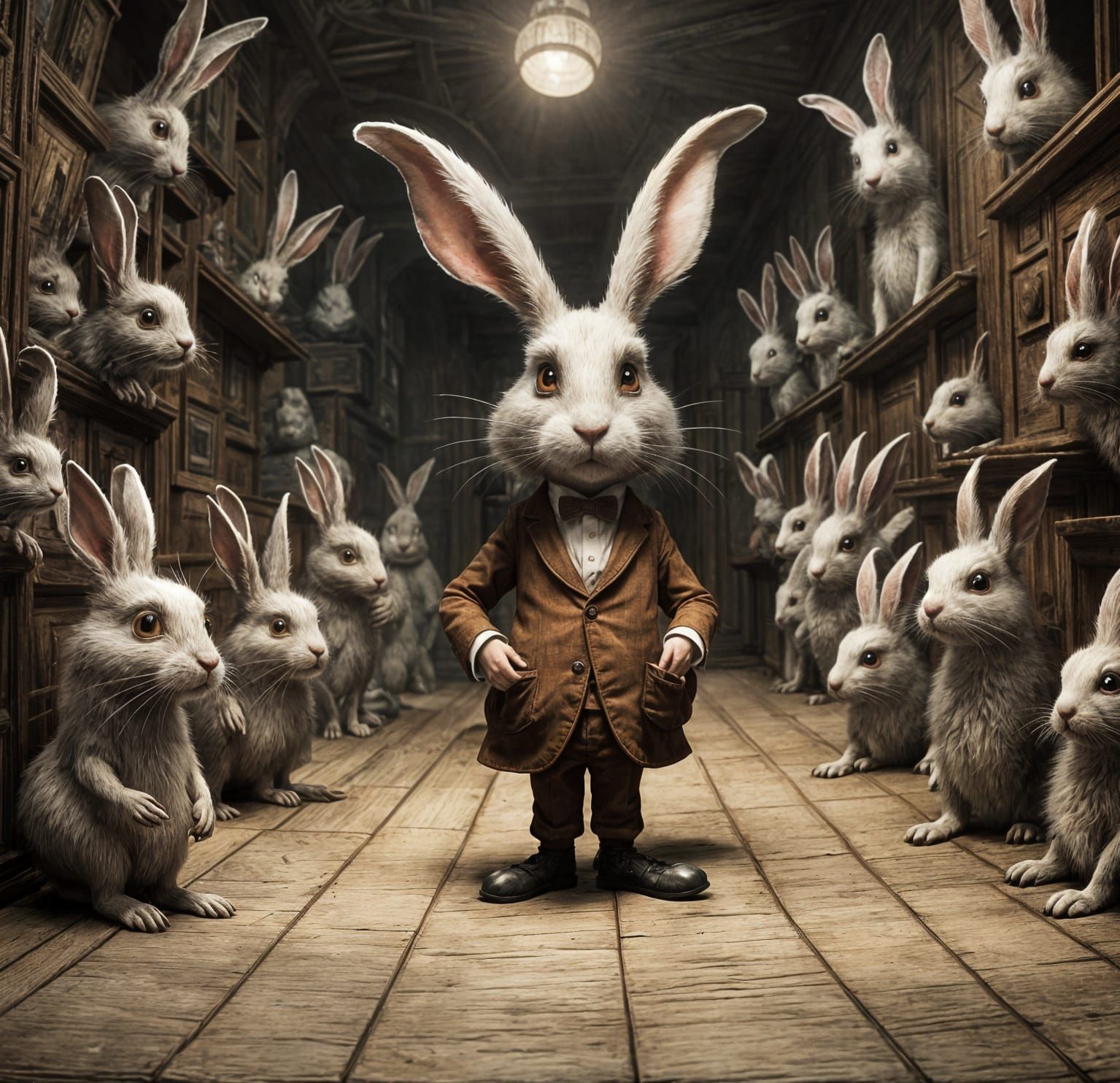 Mister Rabbit Family in Eerie Liminal Precisionism Style