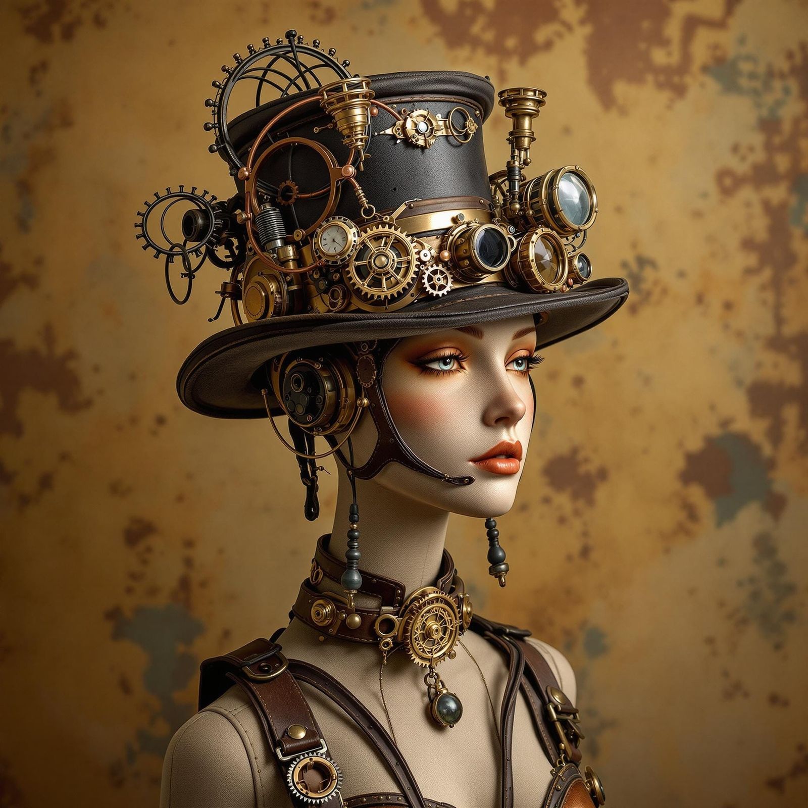 Steampunk Hats with Brass Gears and Leather Straps