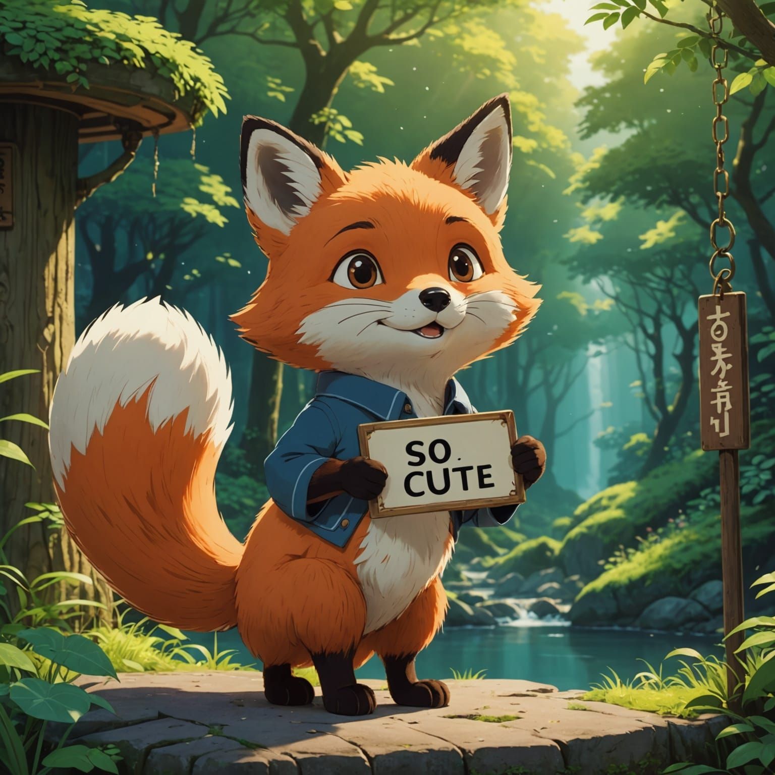 Cute Fox with Sign in Anime Style