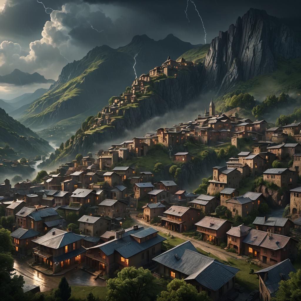 Art Deco Village Thunderstorm: Digital Matte Painting