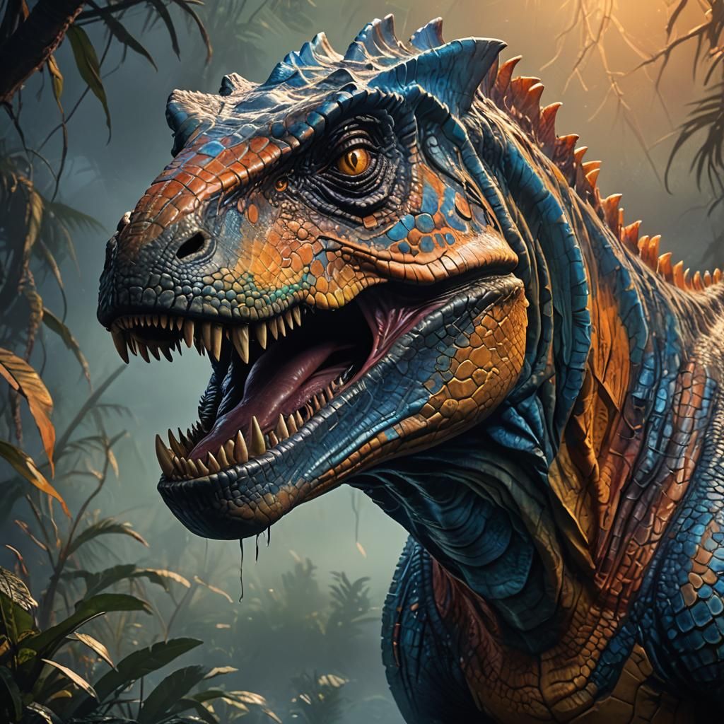 Fantasy T-Rex Close-Up: Hyper-Realistic Oil Painting