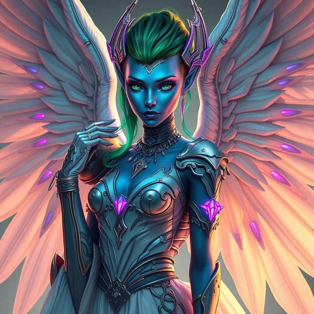 Surreal Futuristic Angel with Neon Skin and Wings