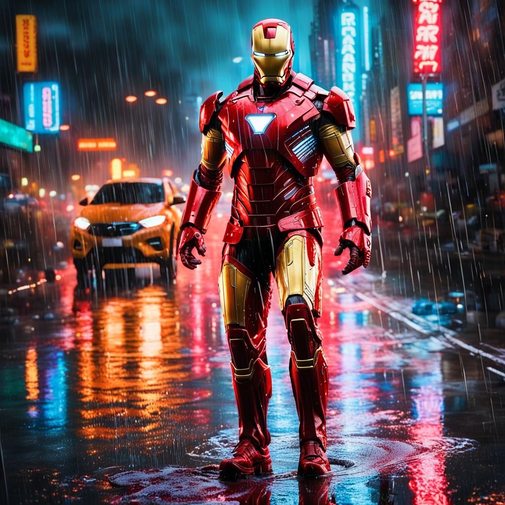 Iron Man in Neon Raincoat: Anime-Inspired Sci-Fi Art