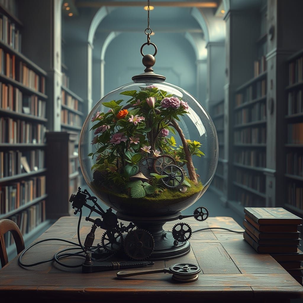 Brutalist Library Terrarium in Epic, Cinematic Style