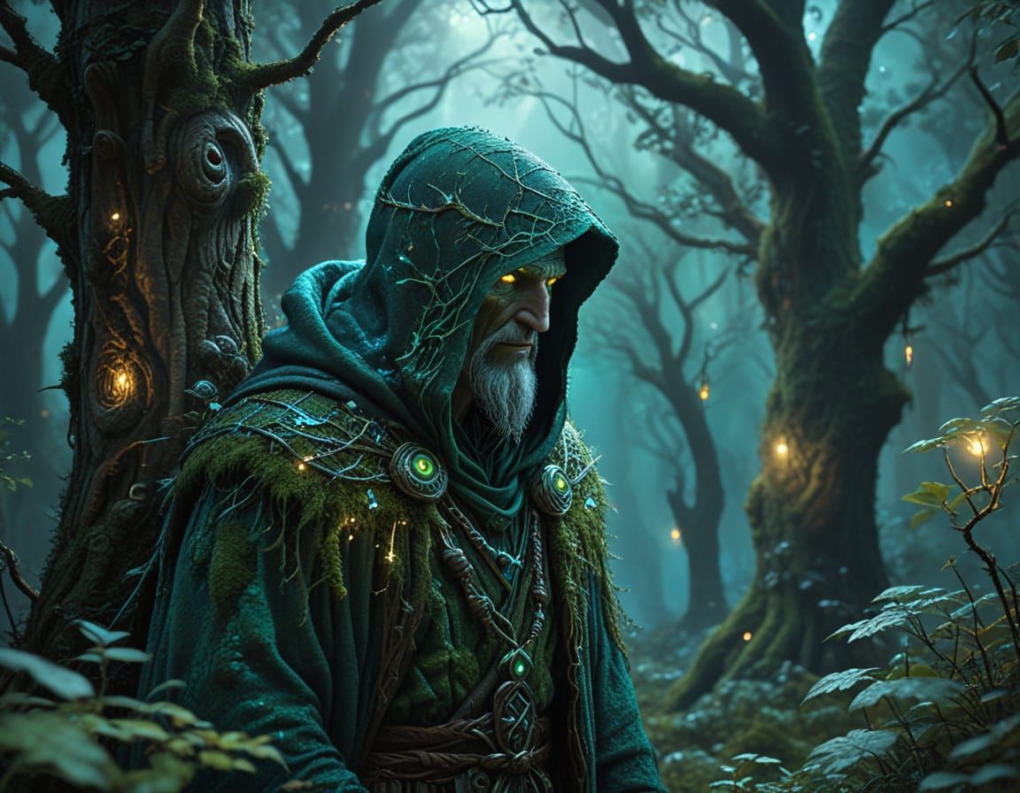 Vibrant Druid in Enchanted Forest Glows with Ethereal Magic