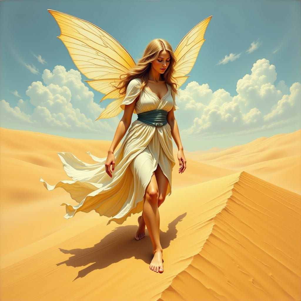 Fairy Bedouin Trekking Up a Sand Dune