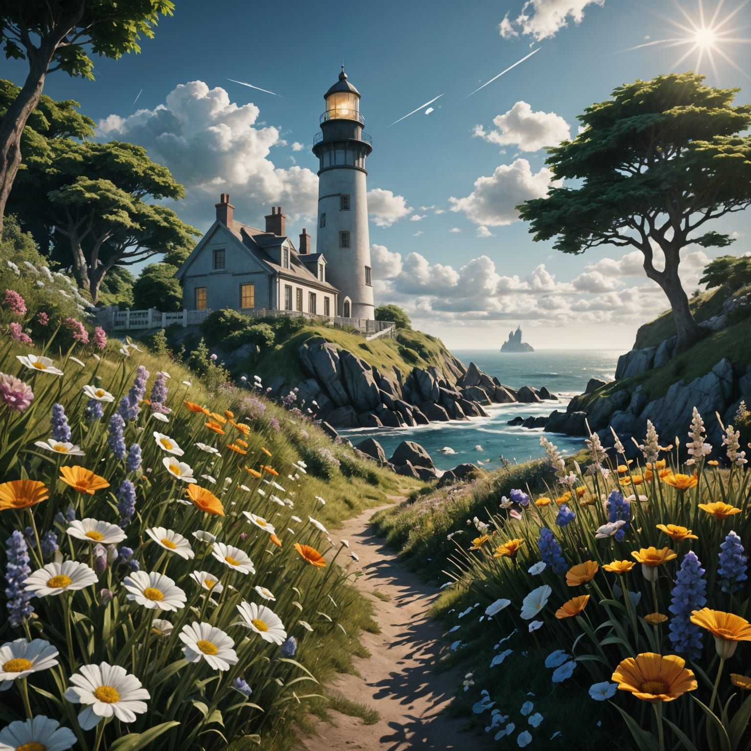 Coastal Lighthouse Garden on Sunny Day