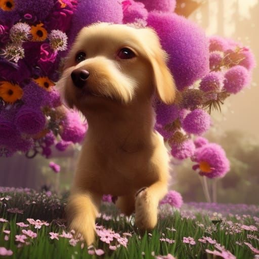 Realistic Dog Covered in Flowers: Detailed Matte Painting