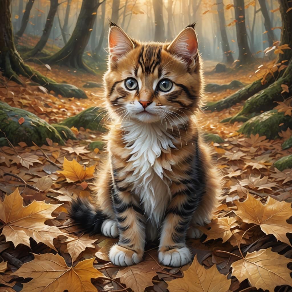 Kitten Playing in Autumn Leaves: Ethereal Fantasy Art