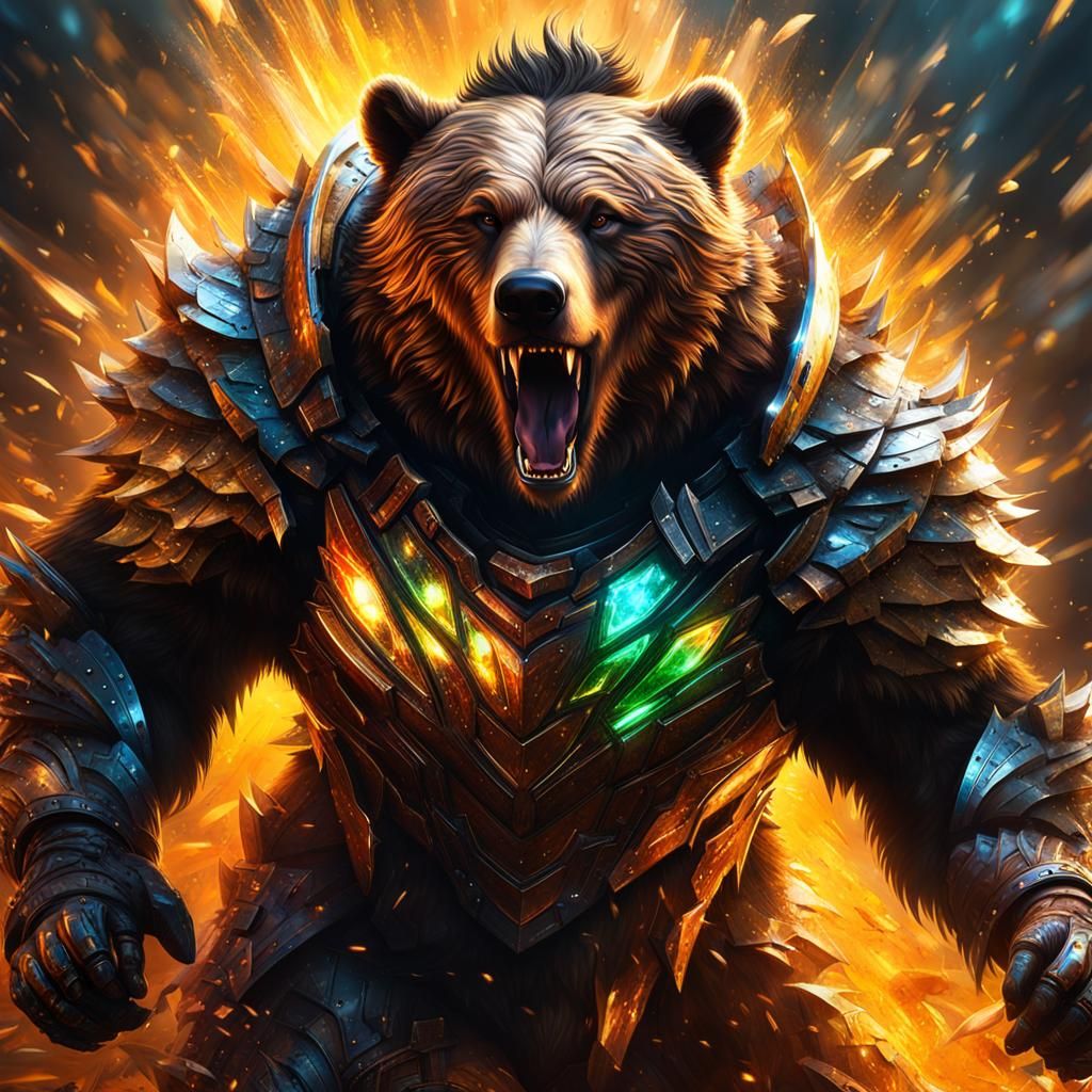 Armored Grizzly Bear Running Through the Dark