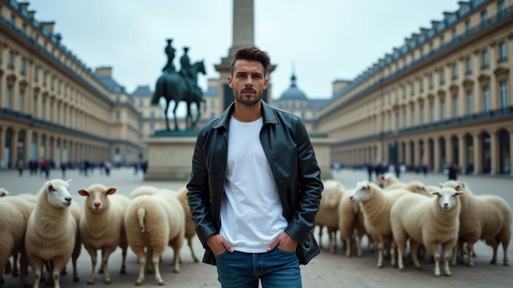 Fashion Model with Sheep in Paris: Hyperrealistic HDR