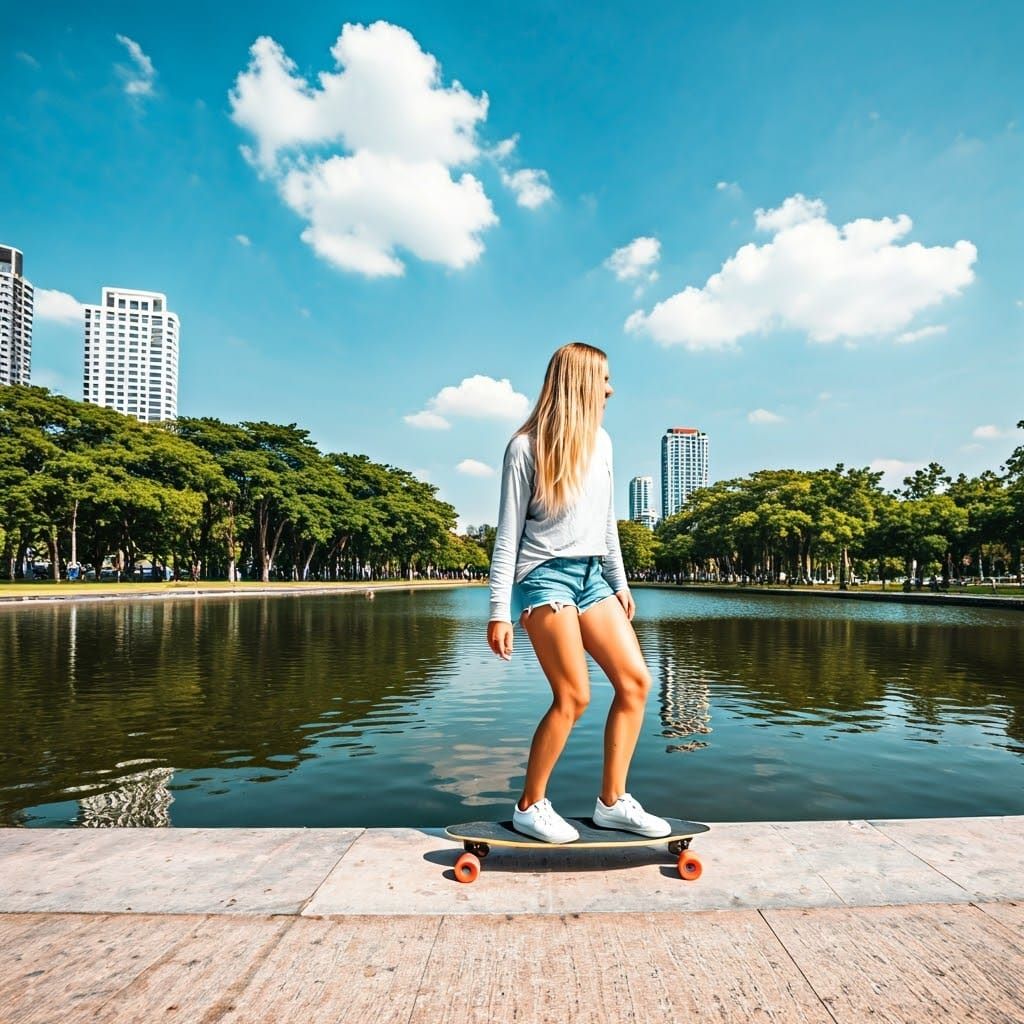Serene Bangkok Lake Longboard Ride in Whimsical Art Style
