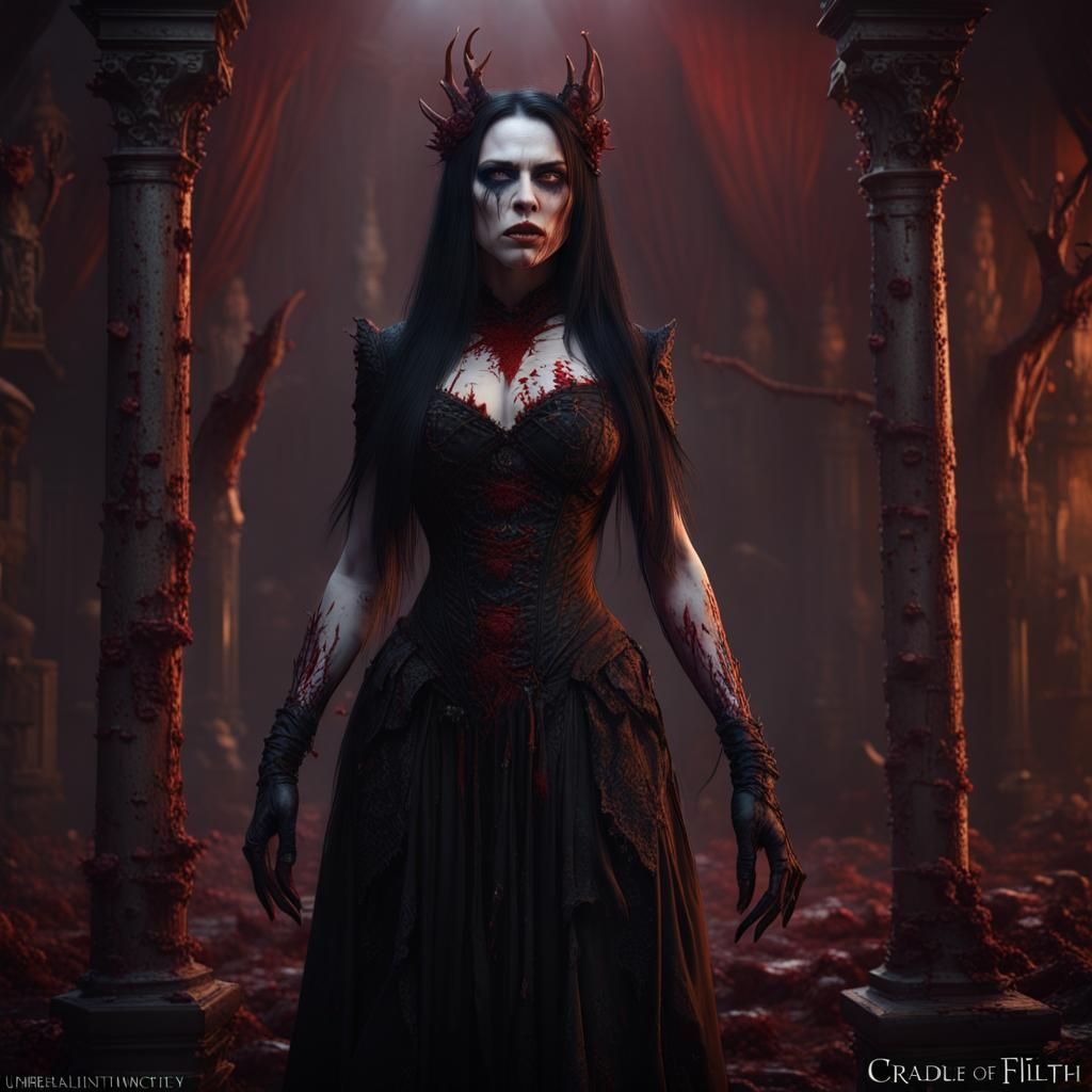 Slender Vampiress Bathing in Blood: Detailed Matte Painting