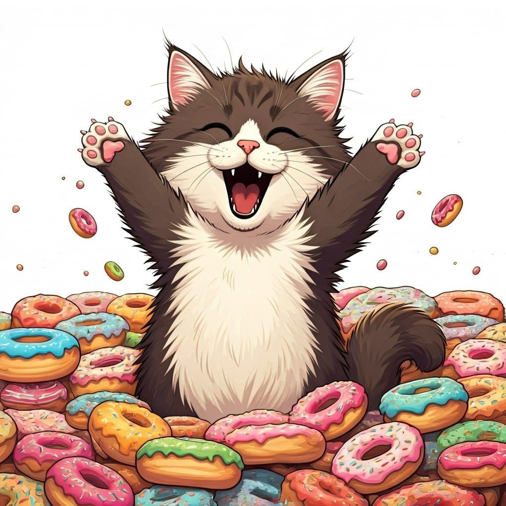 Joyful Cat Surrounded by Oversized Donuts in a Playful Scene