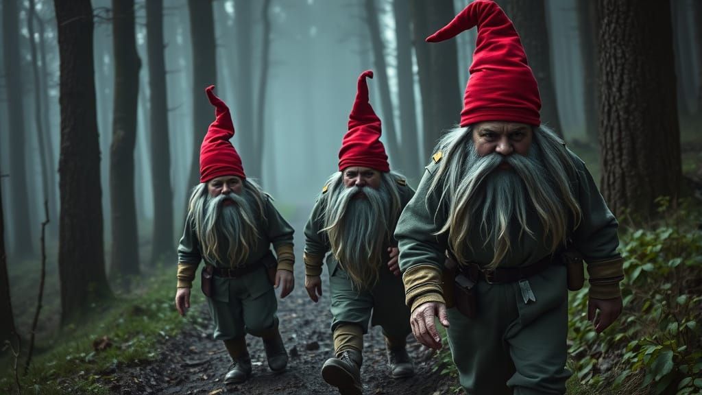 Gnomes Flee Through Misty Forest, Cinematic Style