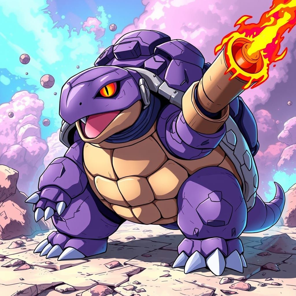 Cyberpunk-Inspired Tortoise Digimon with Rock Armor and Fire...