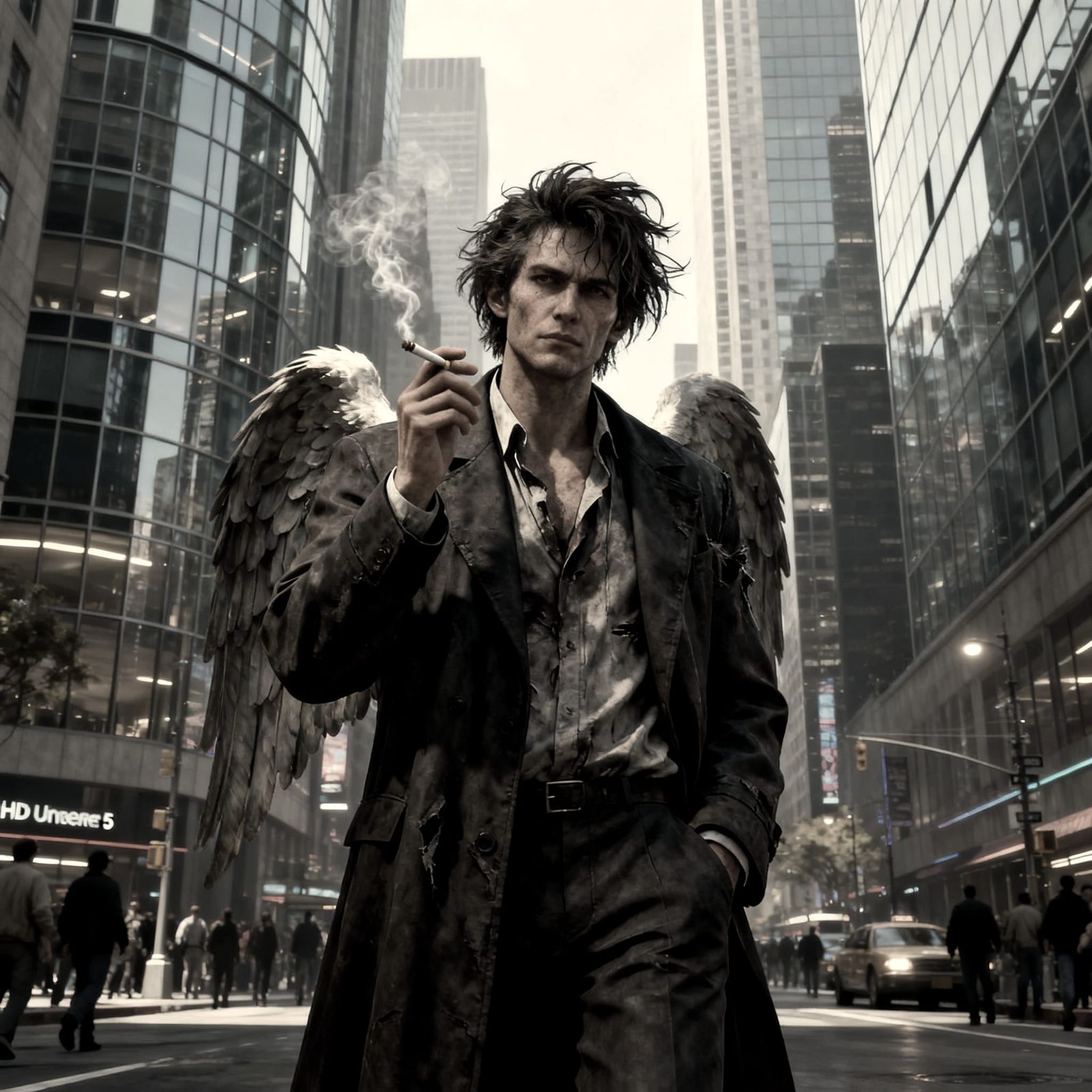 Modernist Skyscraper and Angel on City Street