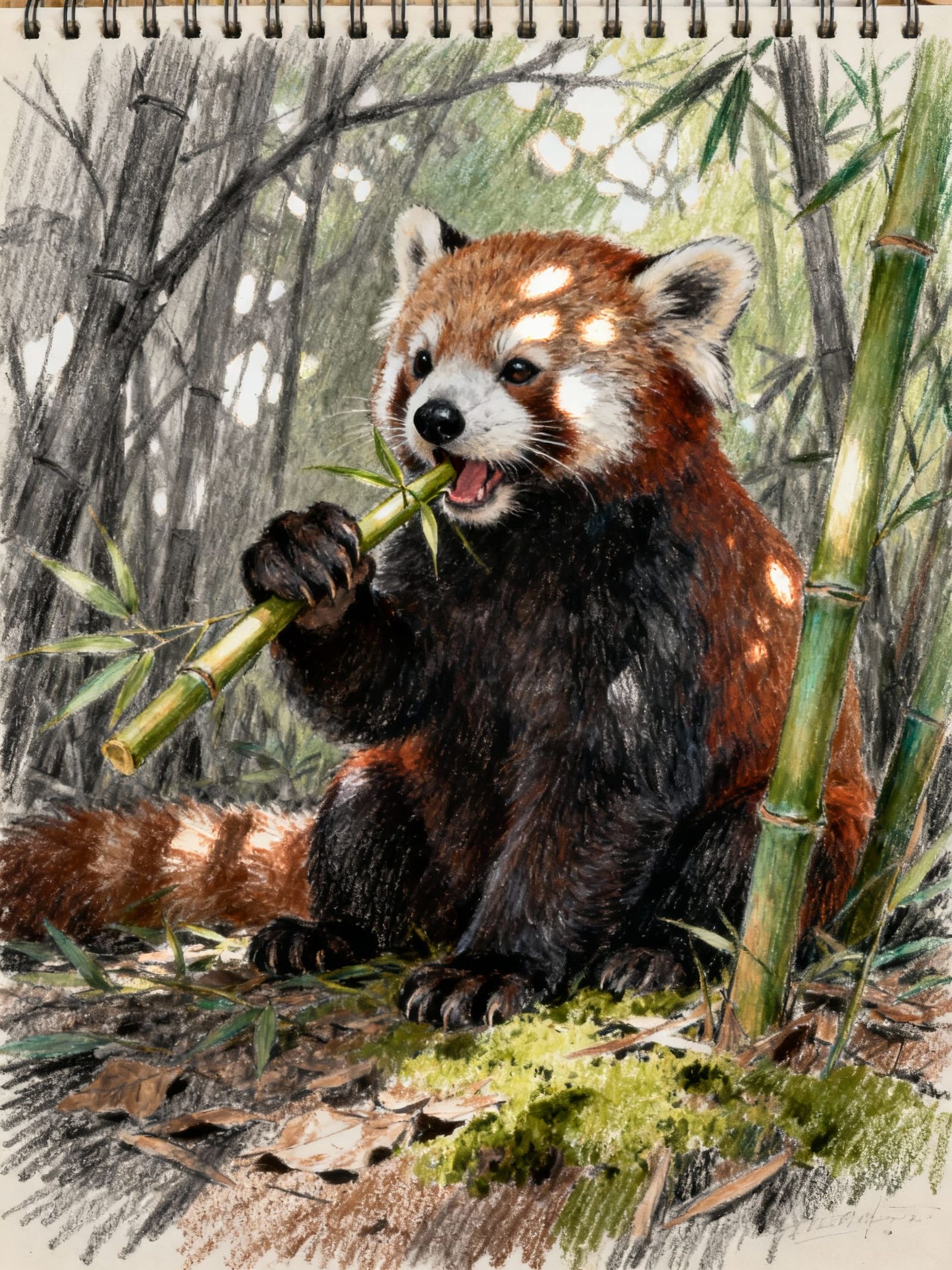 Red Panda Eating Bamboo: Detailed Pencil Sketch