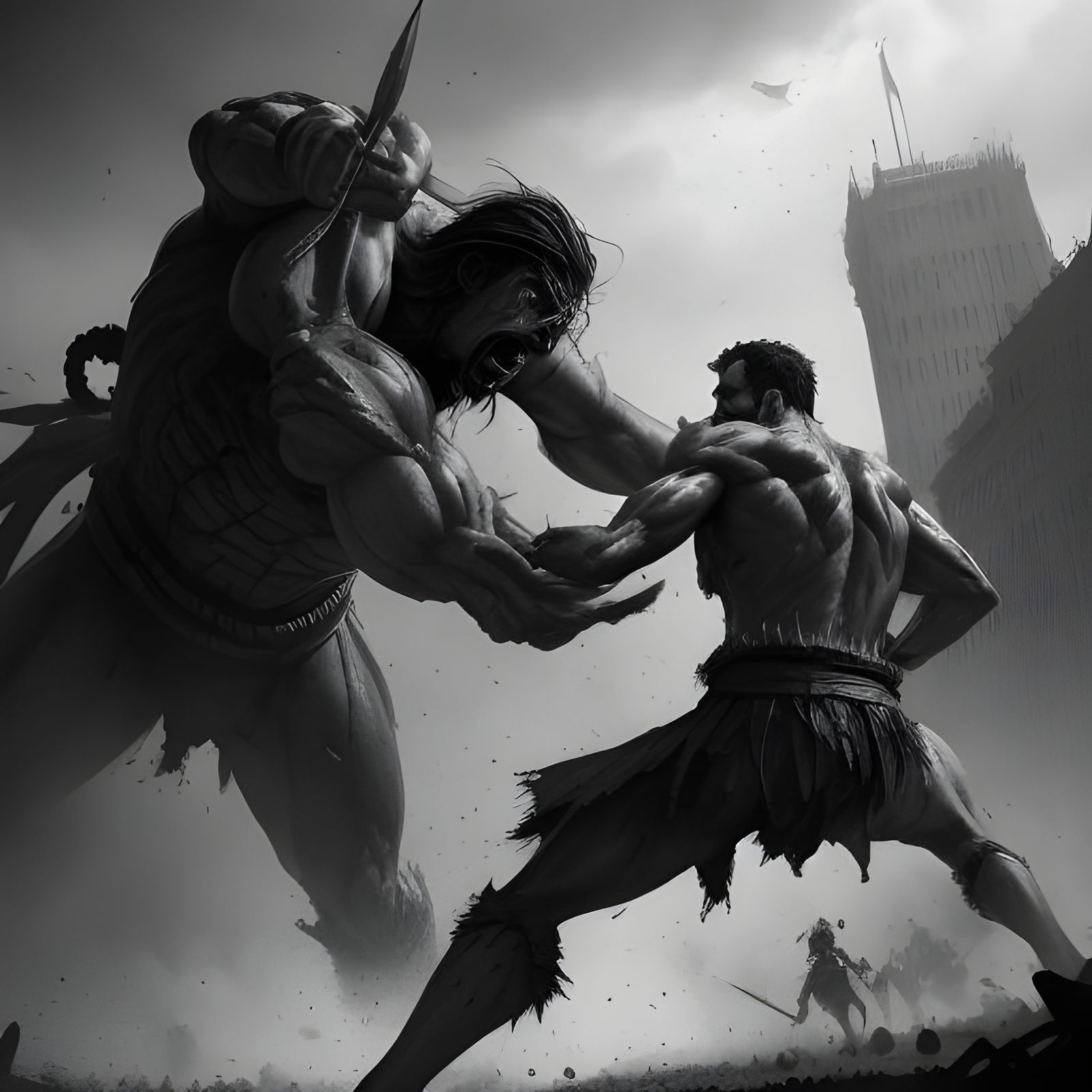 David and Goliath Battle in Black and White