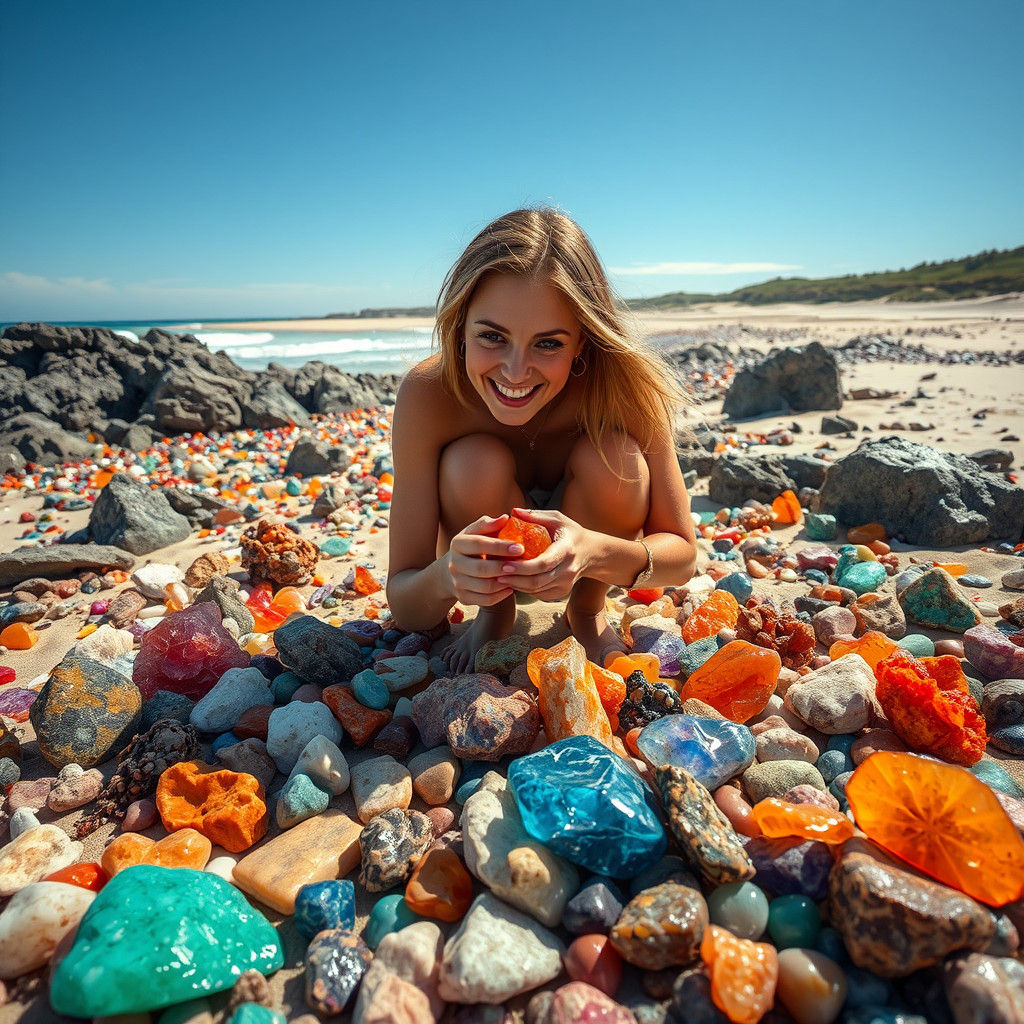 Woman Collecting Colorful Rocks on a Sunny Beach