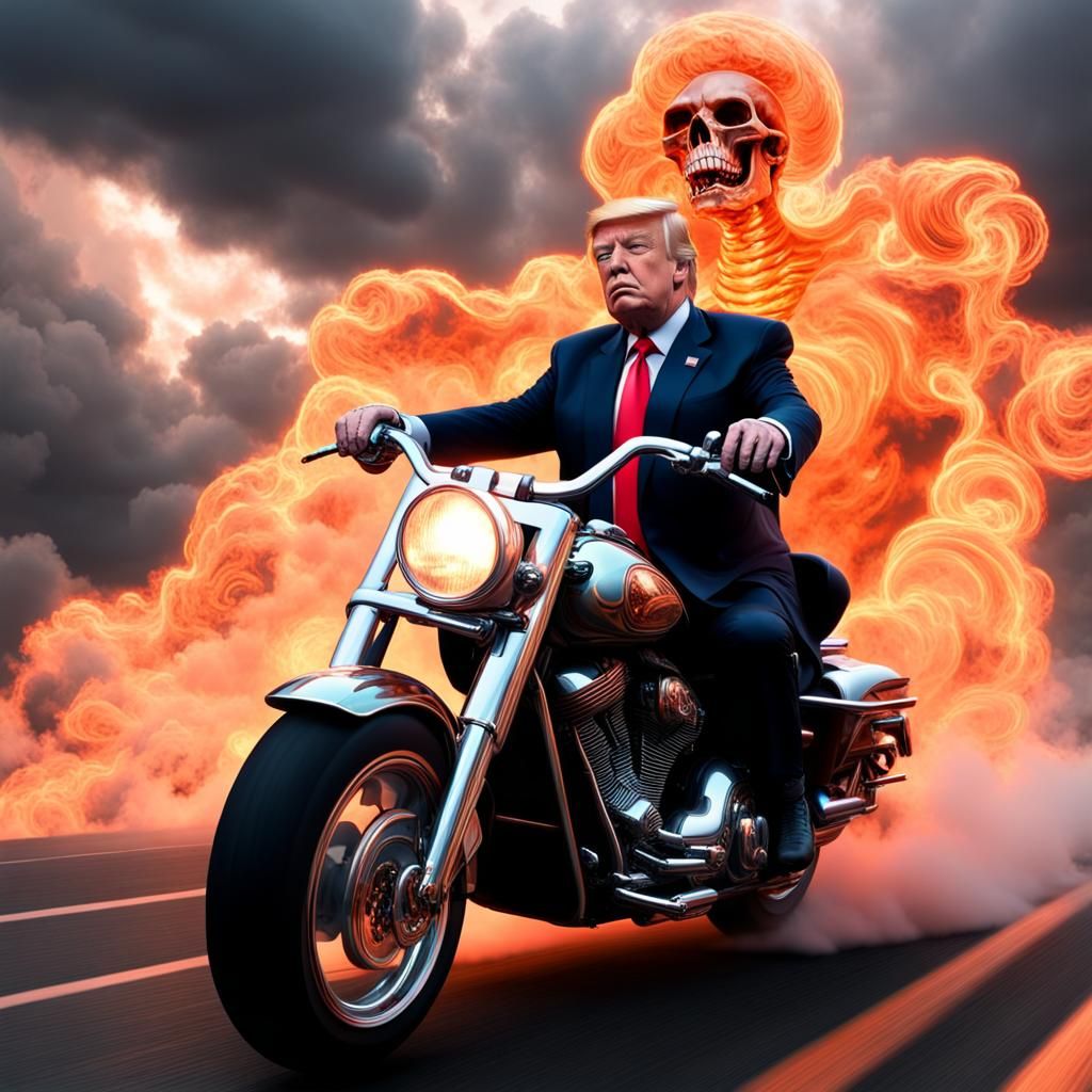 Fiery Skull Motorcycle Ride in a Neon Landscape