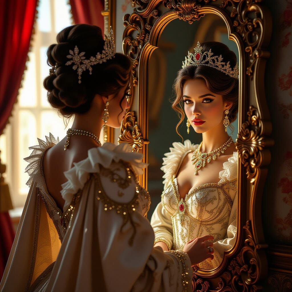 Regal Figure Before Ornate Mirror in Fantasy Style