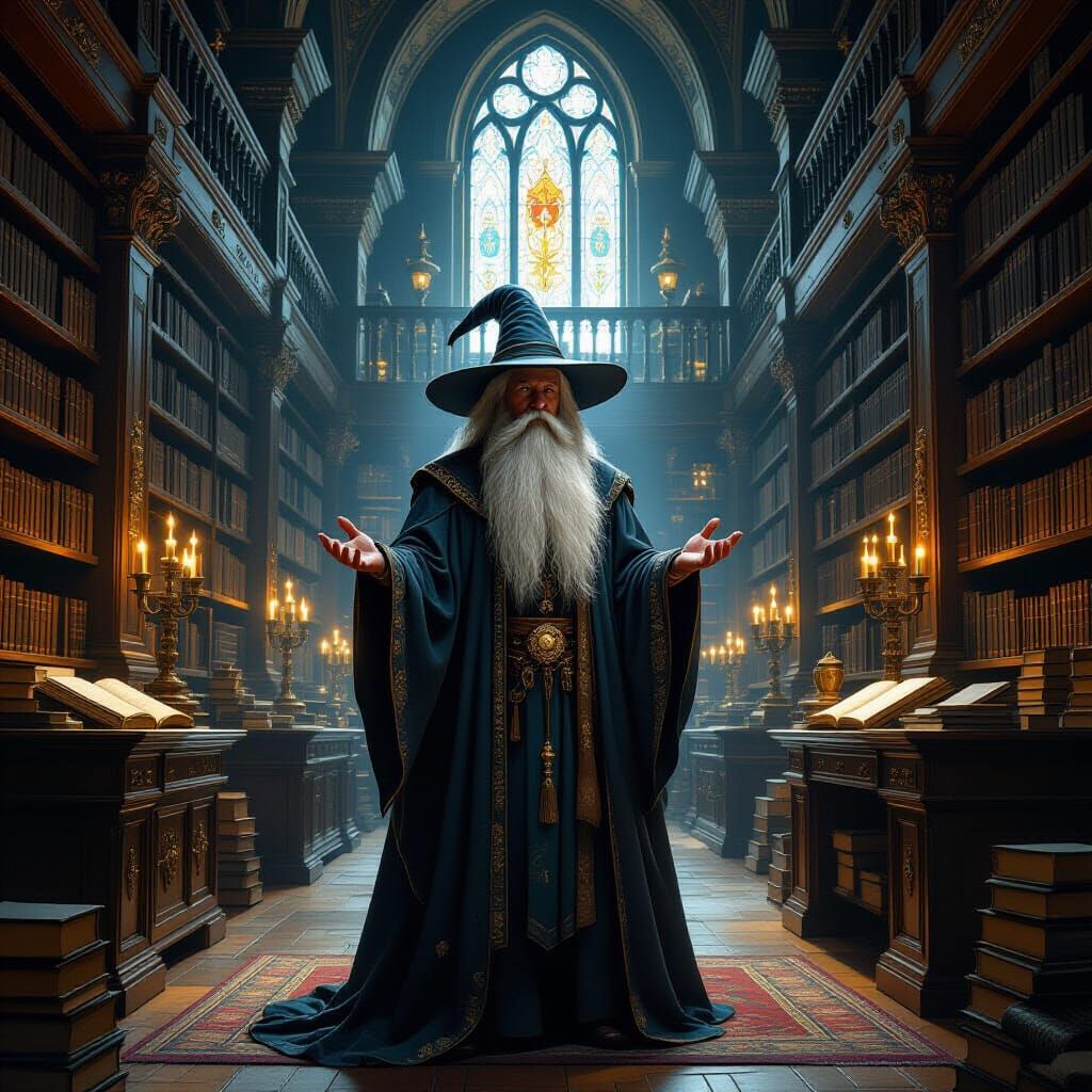 Wise Wizard in Ancient Library: Digital Painting