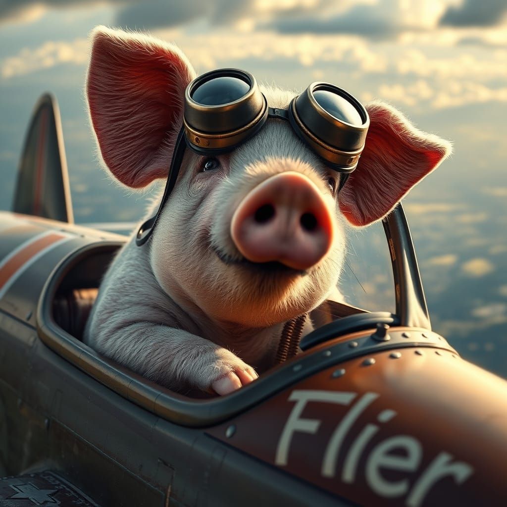 Cute Pig Pilot in WWI Biplane Cockpit