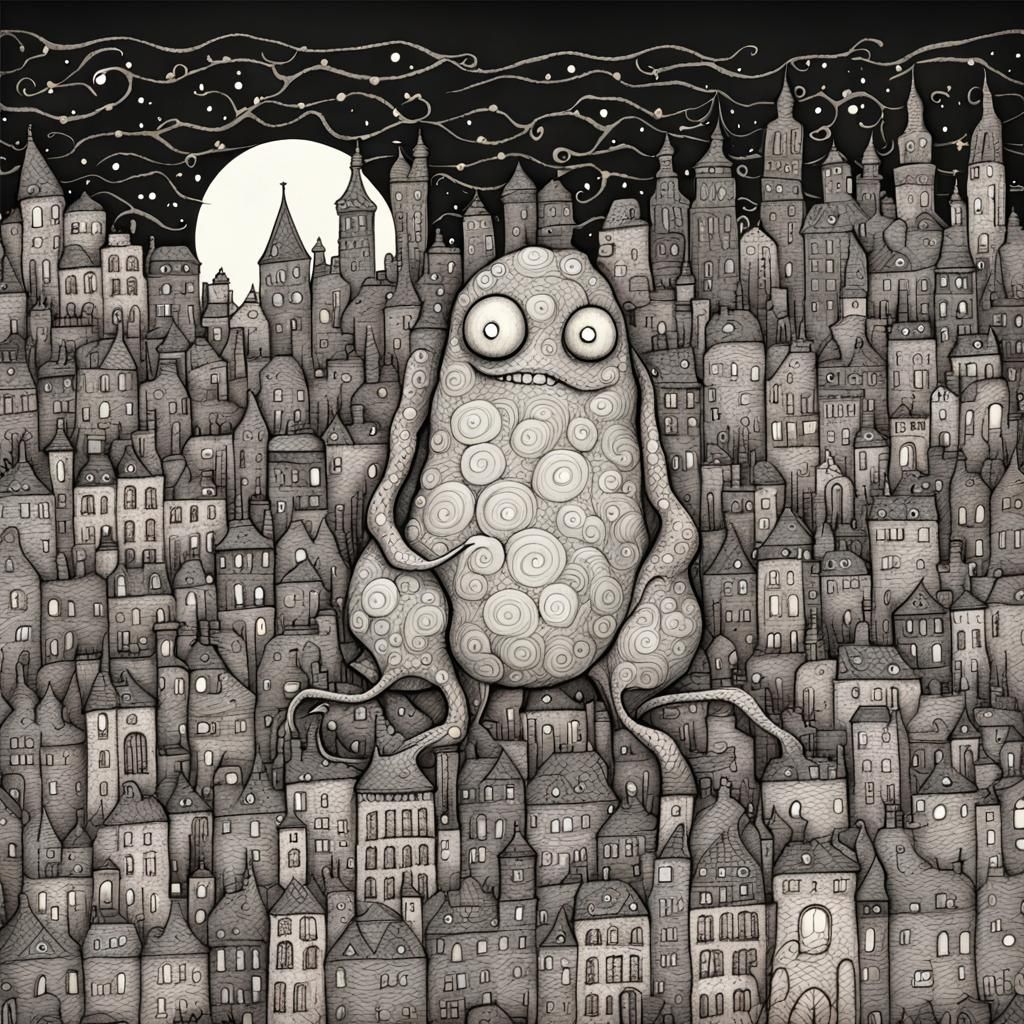 Eldritch Zentangle Monster Looms Over Whimsical City