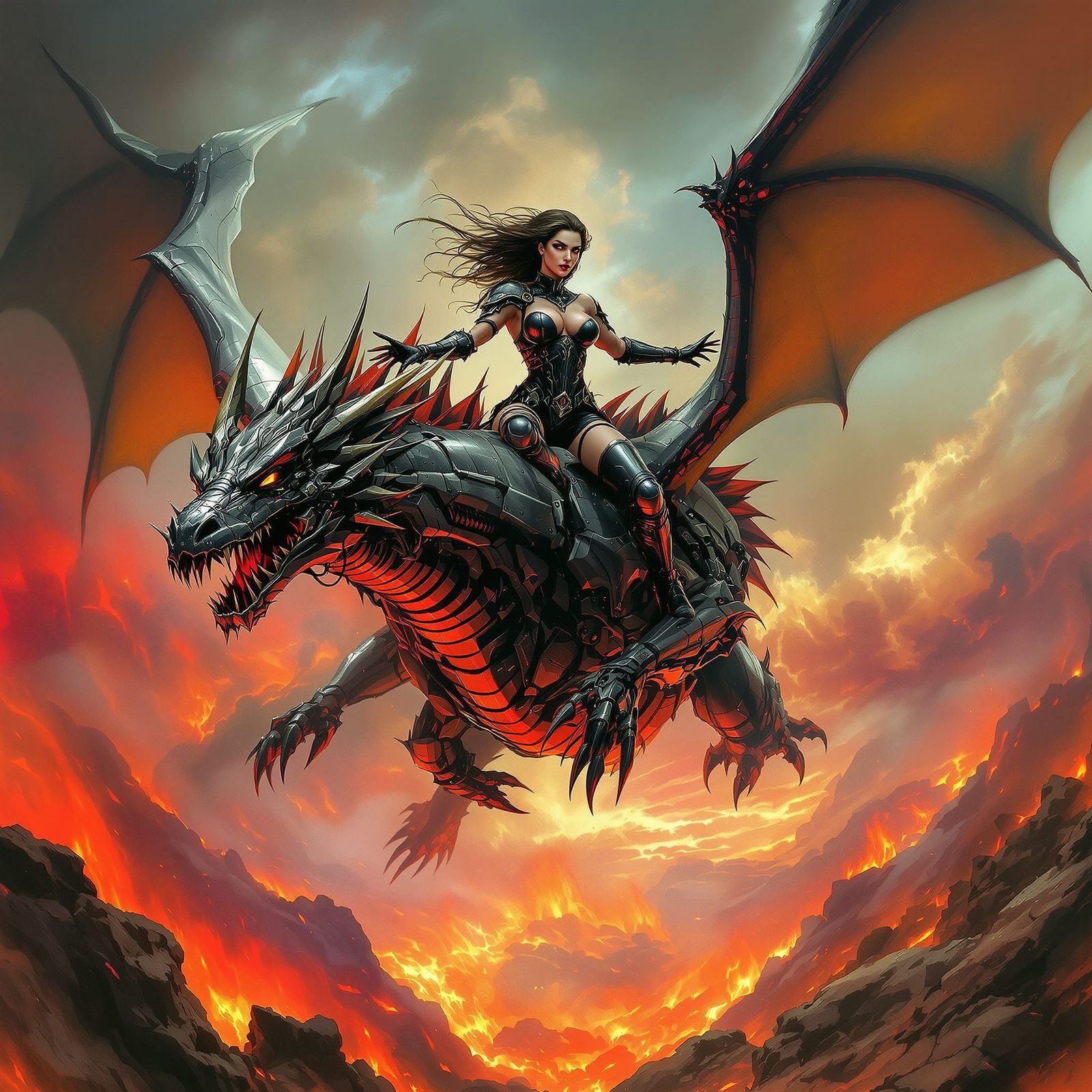 Gothic Warrior Woman Riding Mechanical Dragon