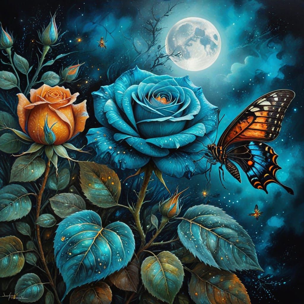 Turquoise Rose Pollination at Night, Alcohol Ink Art